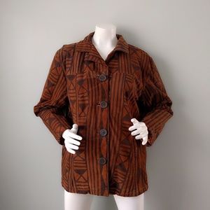 Vtg Tribal Print Batik Brown Suede Jacket L